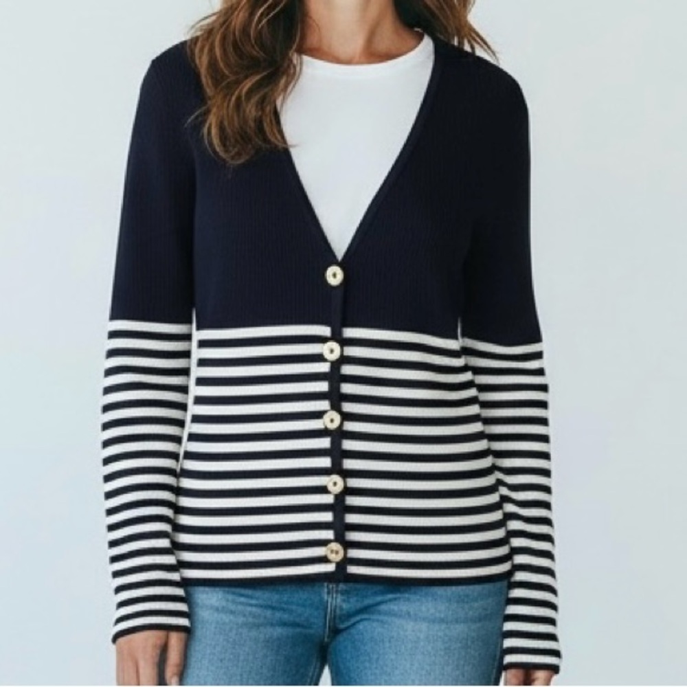 St John Striped Button Front Cardigan Sweater Ribbed Navy Wool Blend Size P